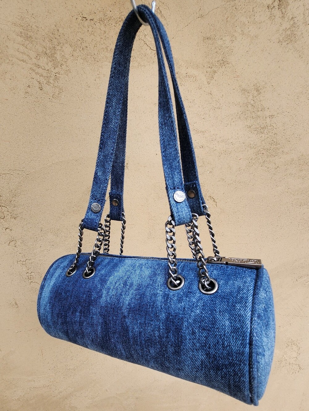 Von Dutch Distressed Denim Barrel Shoulder Bag - Picture 4 of 15